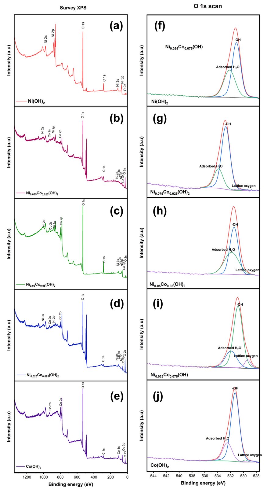 Survey + O 1s XPS spectra across compositions — schematic representation of the different components of Ni-Co catalysts.